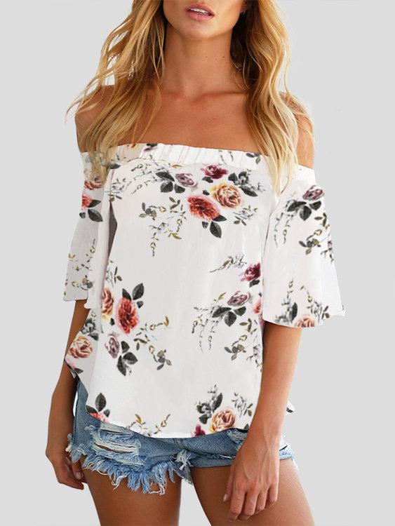 Floral Off Shoulder Blouse Irregular Hem - Landing Closet