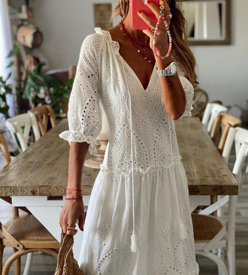 Romantic White Half Sleeve Maxi Dress