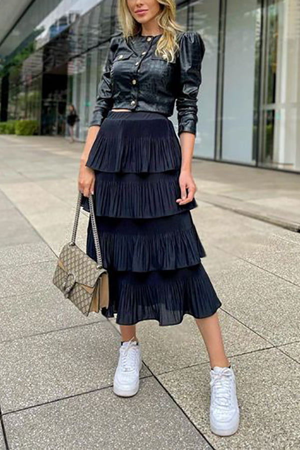 Pleated Tiered Midi Skirt