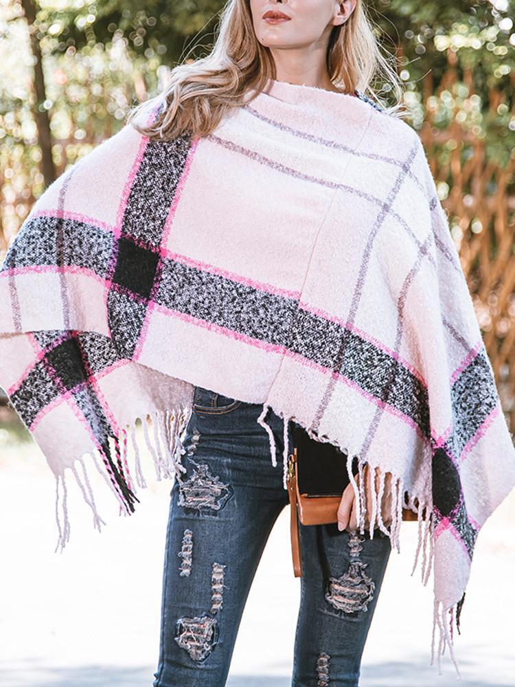 Fringe Hem Shawl Plaid Coat