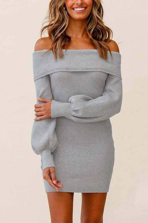 Off Shoulder Lantern Sleeve Ribbed Knit Sweater Dress