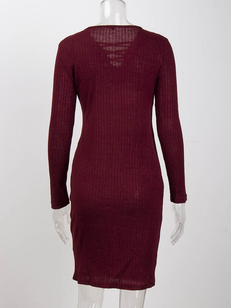 Long Sleeves V-neck Bodycon Midi Dress