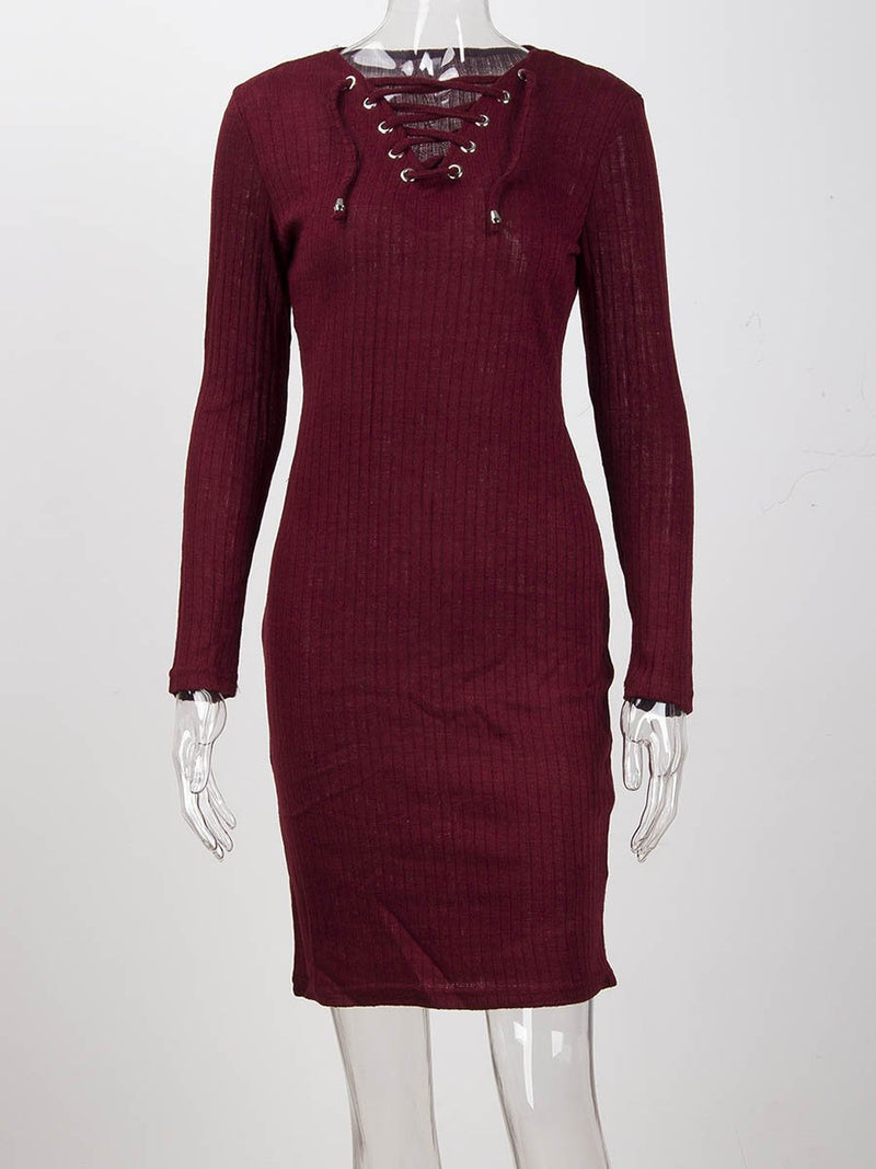 Long Sleeves V-neck Bodycon Midi Dress