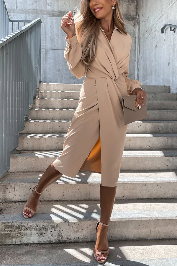 Twist V Neck Slit Midi Dress