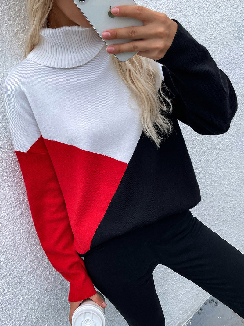 Turtleneck Long Sleeve Knit Color Block Sweater