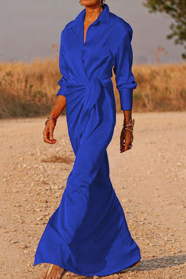 Shimmer In Your Eyes Satin Wrap Shirt Maxi Dress