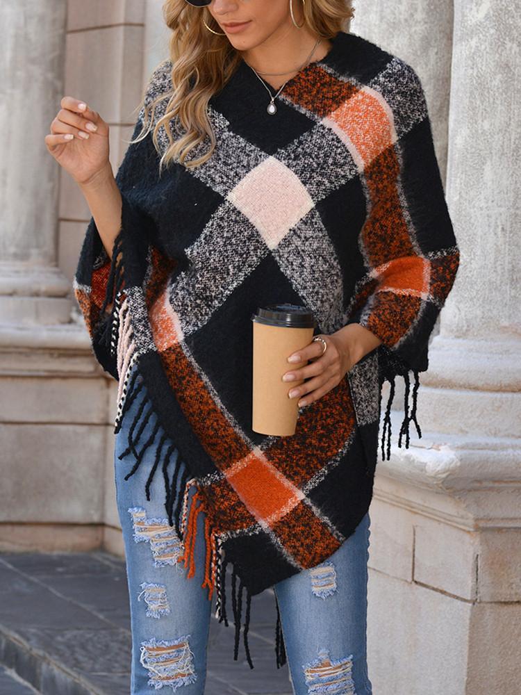 Fringe Hem Shawl Plaid Coat