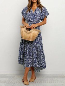 Short Sleeve Floral Tie Front Maxi Dress