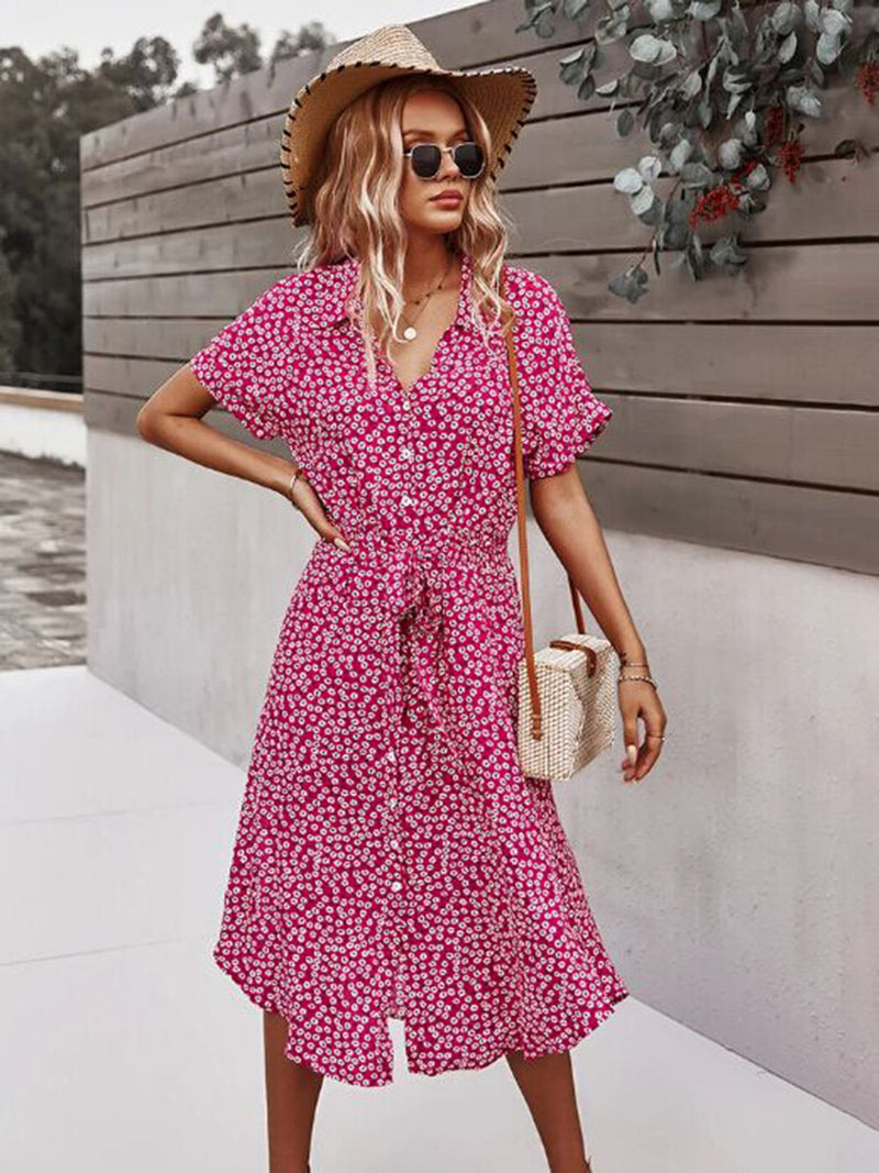 Short Sleeve Tie Waist V Neck Collar Midi Dress