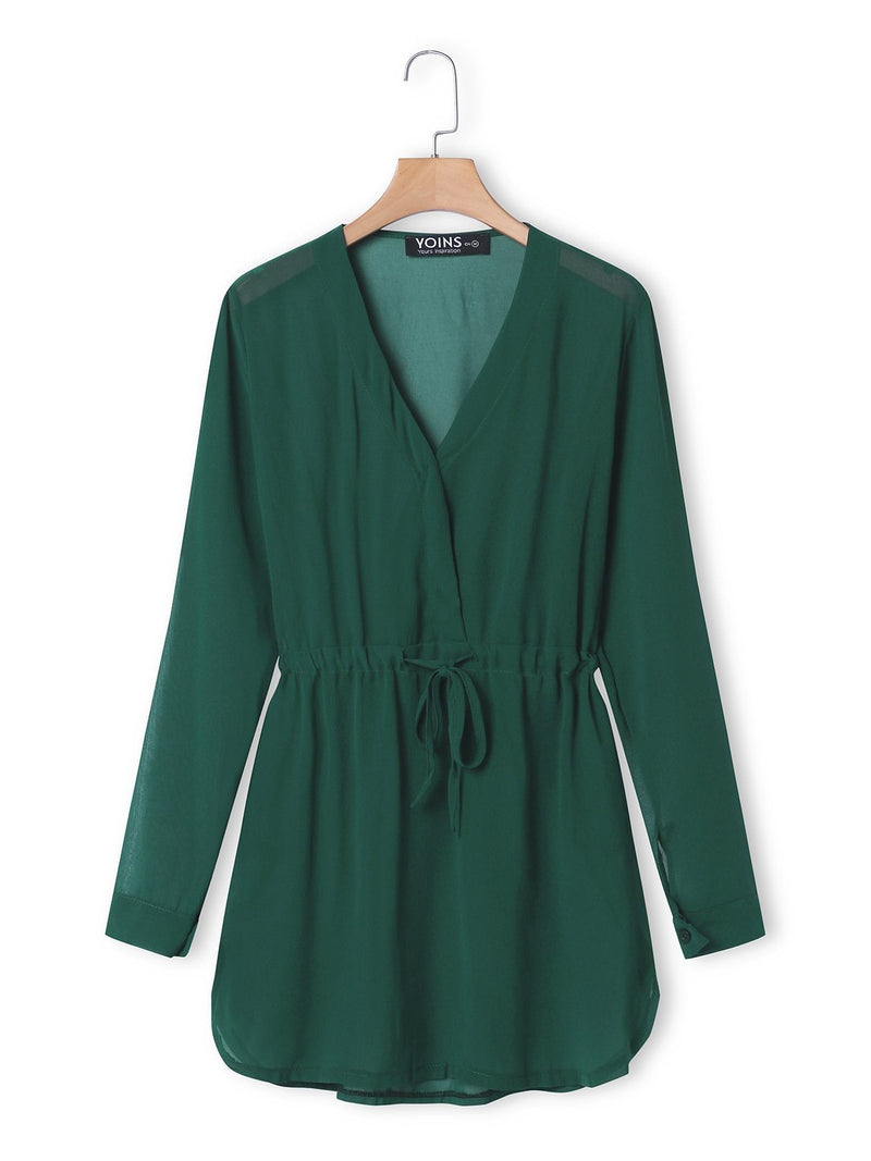 Green V-neck Drawstring Waist 3-4 Length Sleeves Dress with See-through Design - Landing Closet