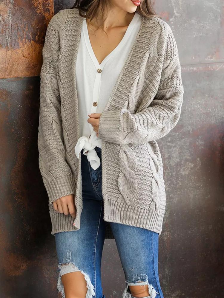 Solid Color Thick Knitting Long Cardigan