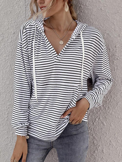 Striped Pocket Drawstring Loose Hoodie