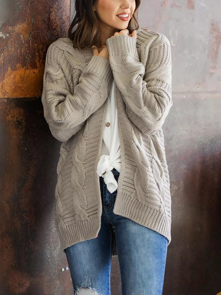 Solid Color Thick Knitting Long Cardigan