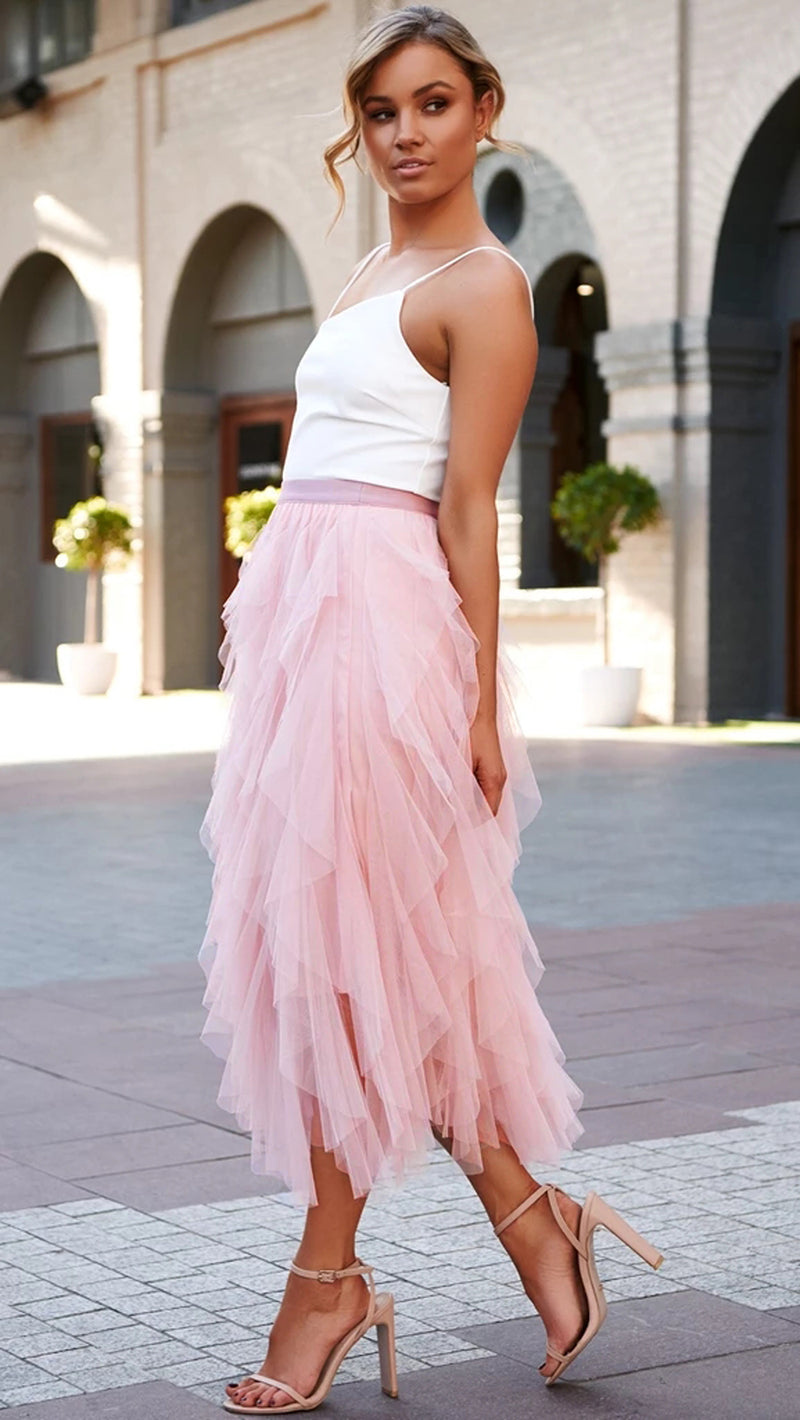 Elastic Waist Tulle Tiered Classic Long Skirt