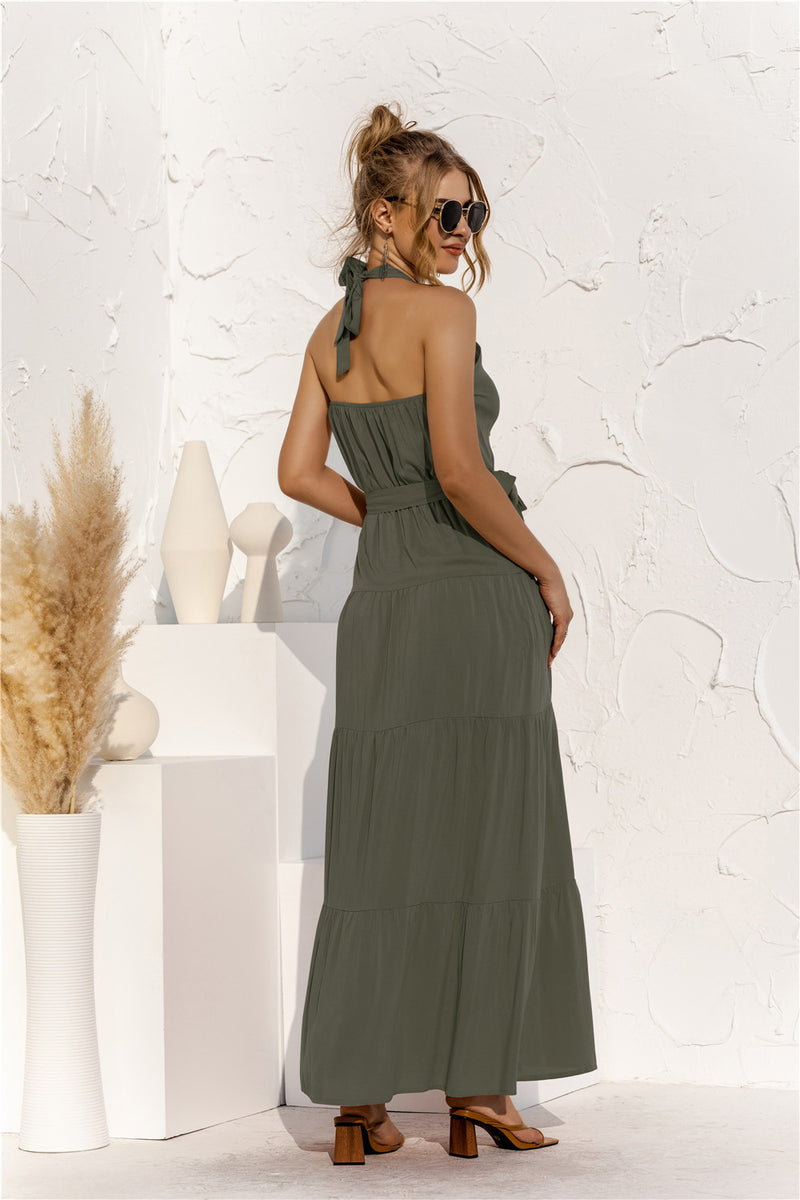 Tie Waist Round-Neck Spaghetti Strap Backless Maxi Dress