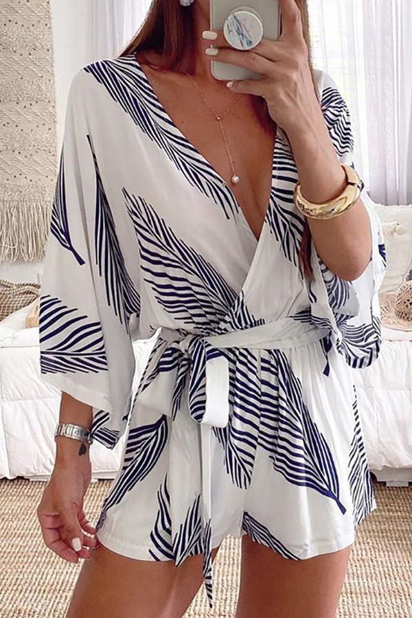 V-neck Tie Leaf Print Casual Jumpsuit