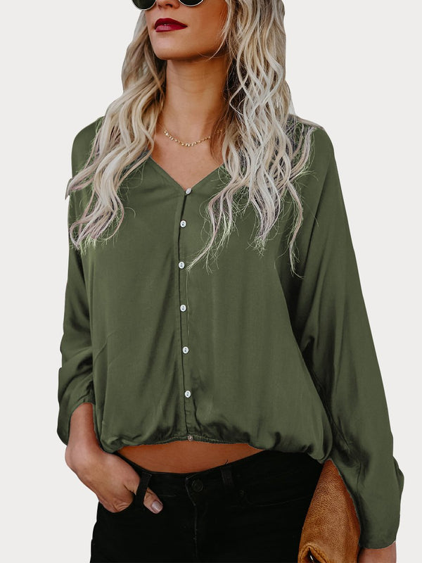 Green Button Down V Neck Casual Blouse - Landing Closet