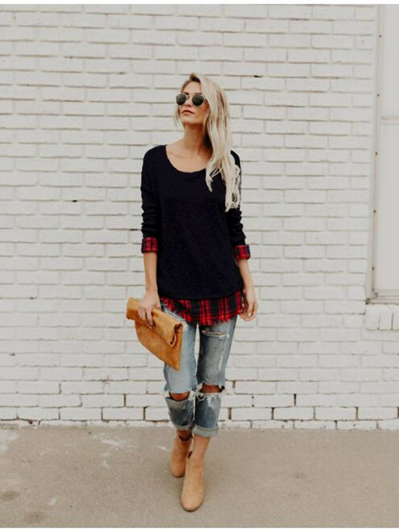 Stitching Plaid Round Neck Long Sleeves T-shirt