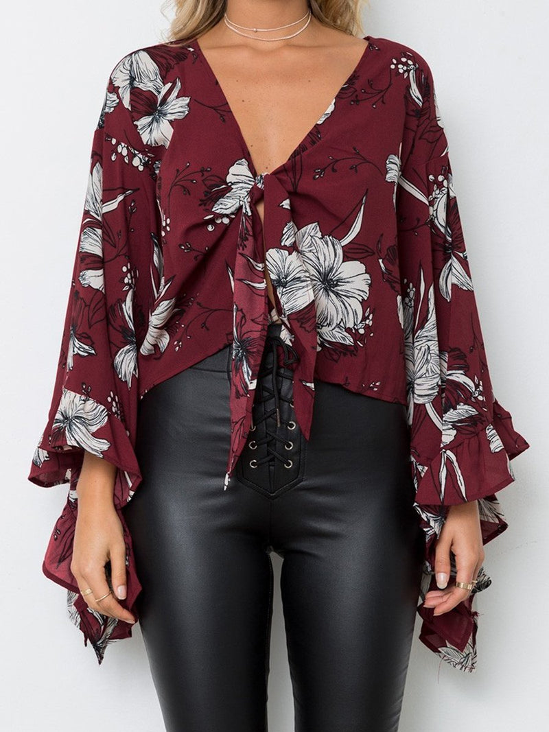 Red Long Sleeve Floral V-neck Irregular Hem Top