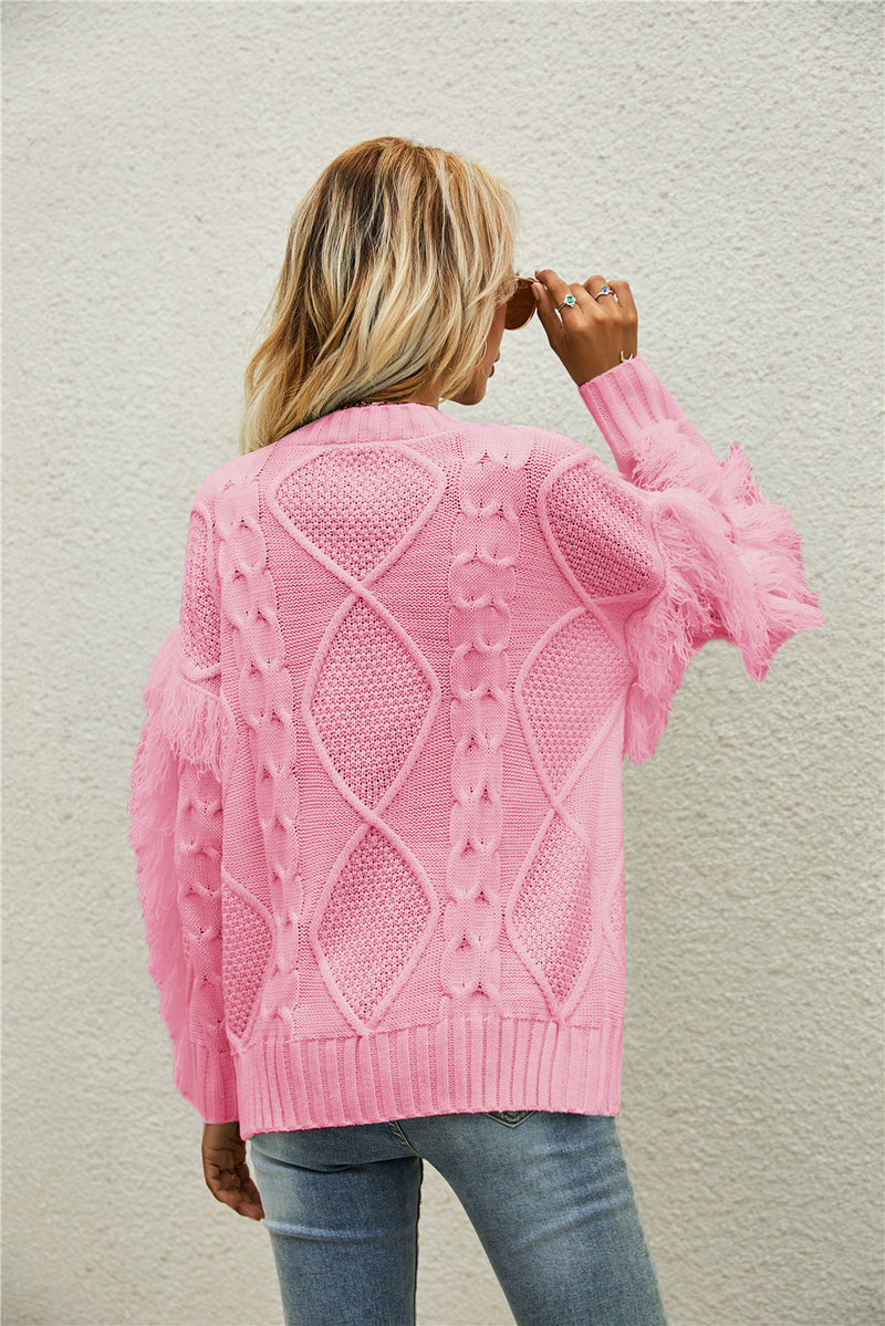 Round Neck Long Sleeve Cable Knit Design Sweater