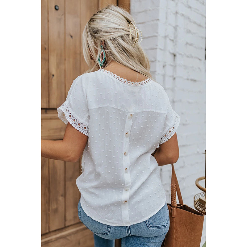 Short Sleeve Lace Crochet Round Neck Swiss Dot Top