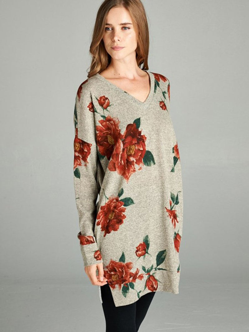 Floral Printed V-neck Long Sleeves Side Slit Pullover Top