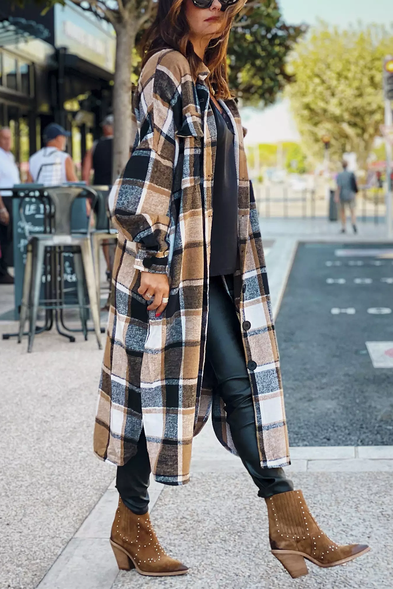 Lapel Plaid Print Woolen Long Coat