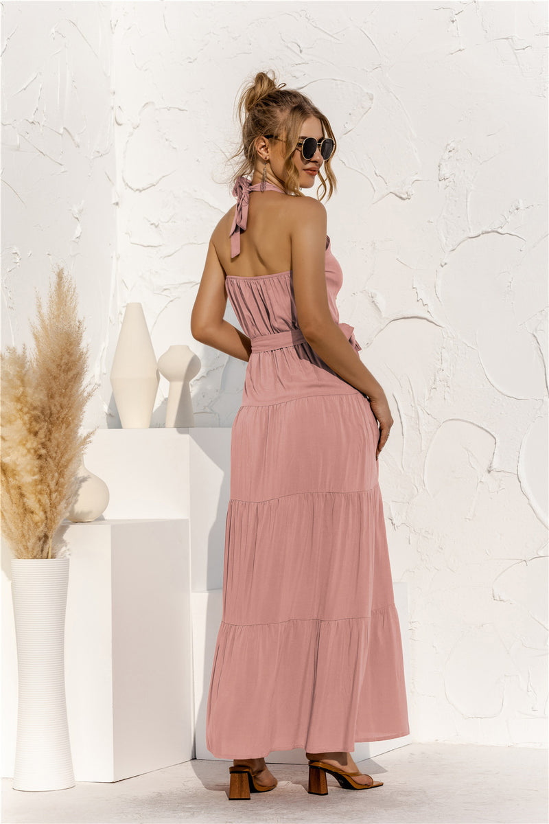 Tie Waist Round-Neck Spaghetti Strap Backless Maxi Dress