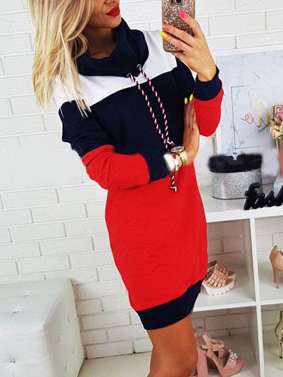 Navy Polo Neck With Drawstring Stitching Design Pullover Dress - Landing Closet