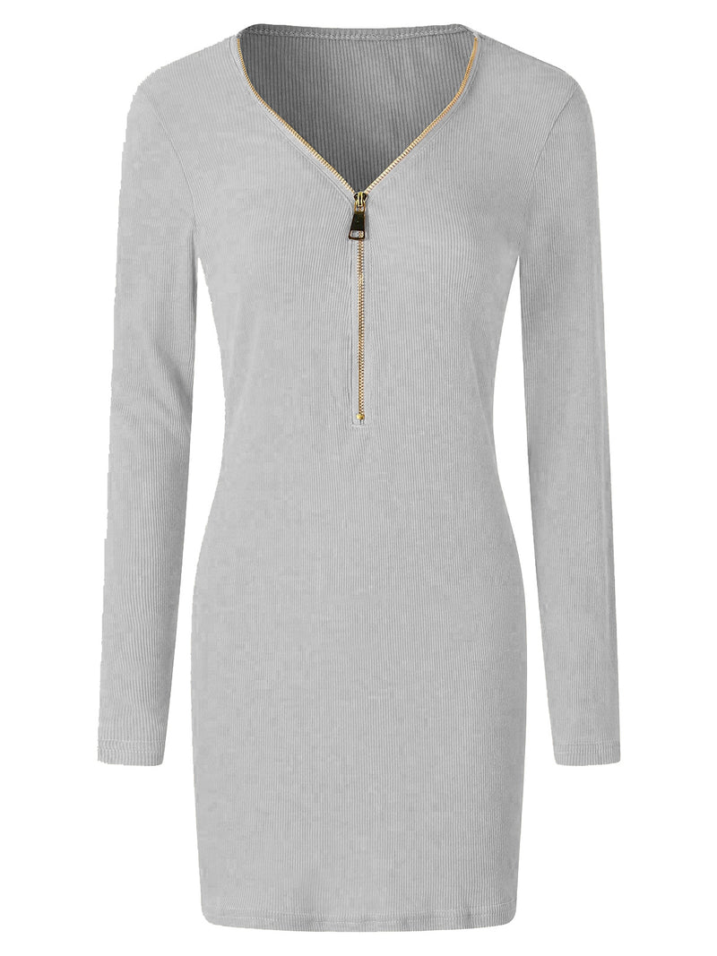 Zip Design V neck Long Sleeves Dress