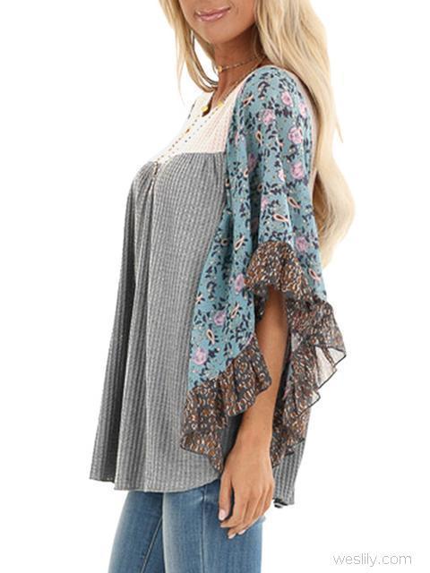 Floral Chiffon Sleeve Waffle Knit Blouse