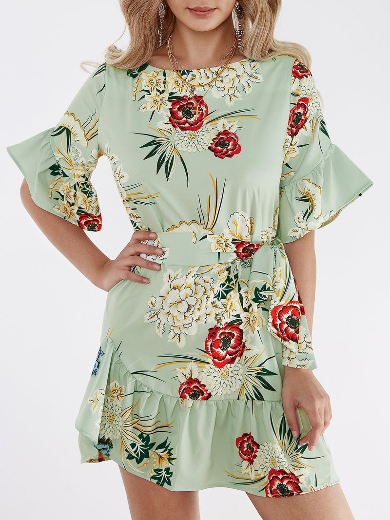 Green Random Floral Print Mini Dress With Half Flared Sleeves - Landing Closet