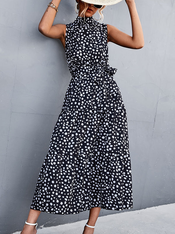 Dot Print Sleeveless High Neck Belt Waist Maxi Dress