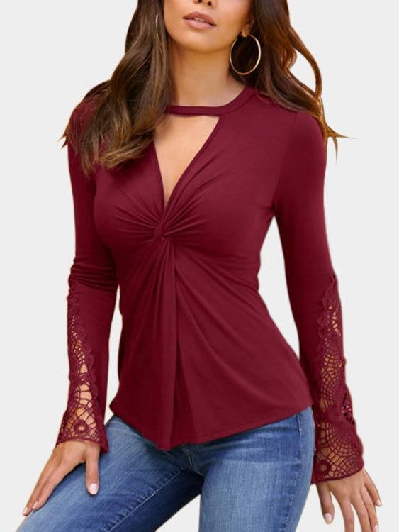 Firebrick Lace Detail Twist Knot Design V-neck Long Sleeves Blouse - Landing Closet