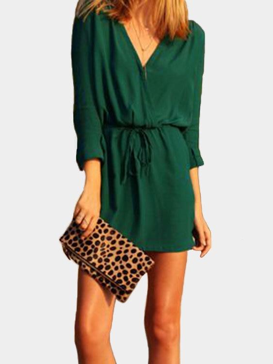 Green V-neck Drawstring Waist 3-4 Length Sleeves Dress with See-through Design - Landing Closet