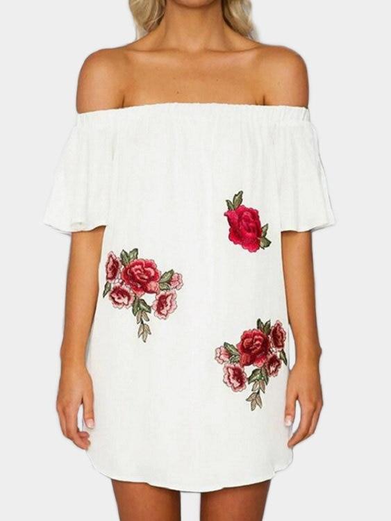 Embroidered Off The Shoulder Mini Dress - Landing Closet