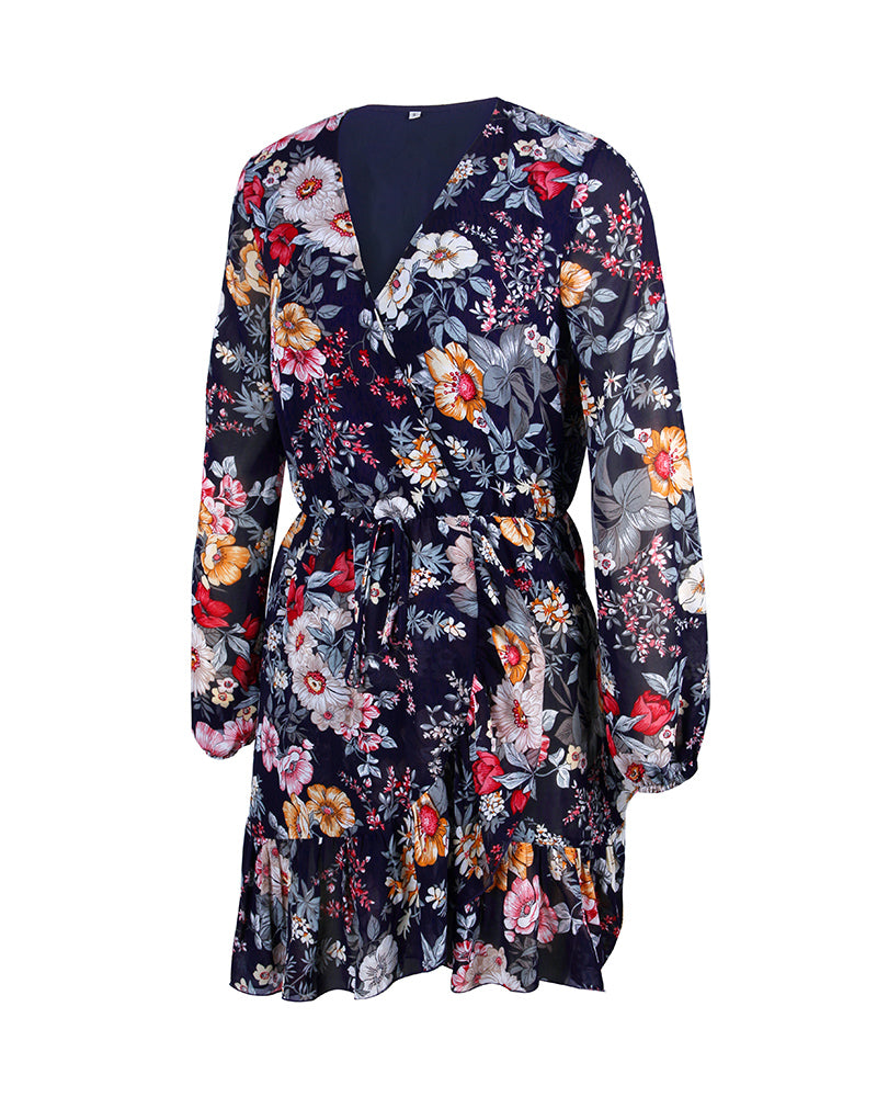 Floral Printed Long Sleeve V Neck Mini Dress