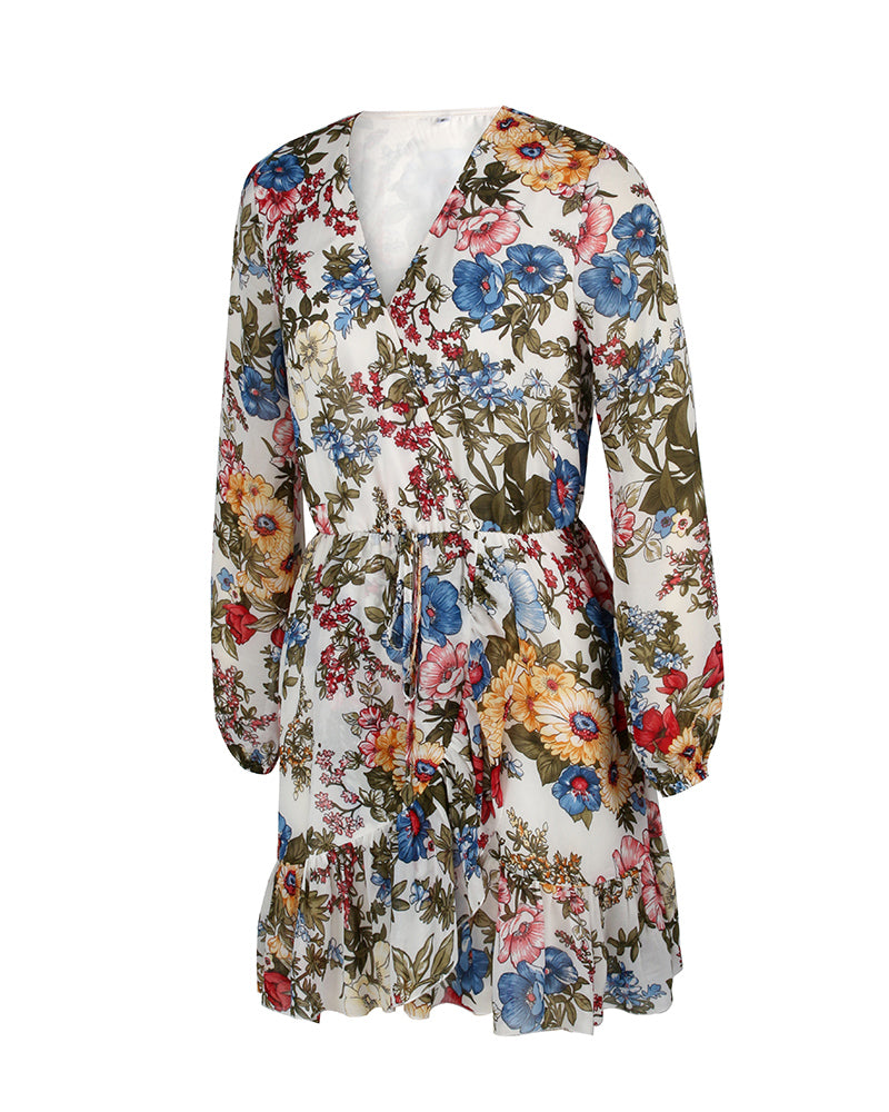 Floral Printed Long Sleeve V Neck Mini Dress