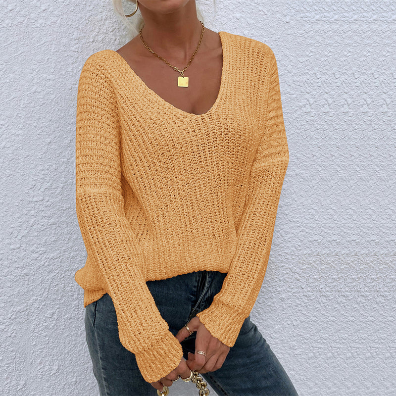 Solid Color V Neck Pullover Sweater