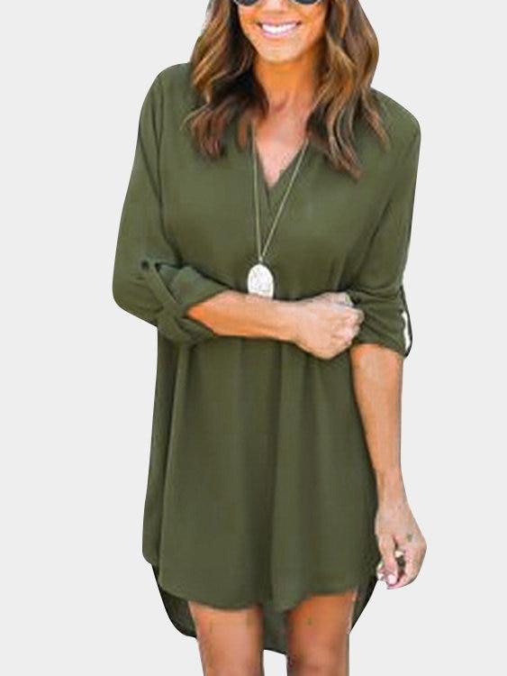 Coffee V-neck Long Sleeves Irregular hem Chiffon Dress - Landing Closet