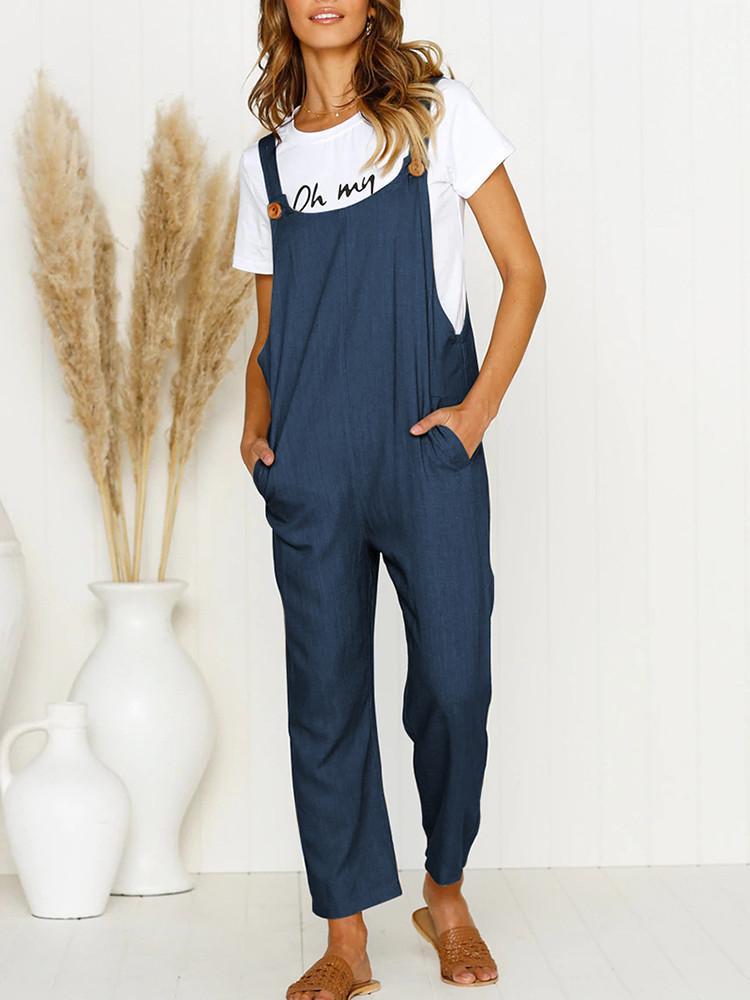 Pocket Solid Wide Leg Strappy Jumpsuit Overalls