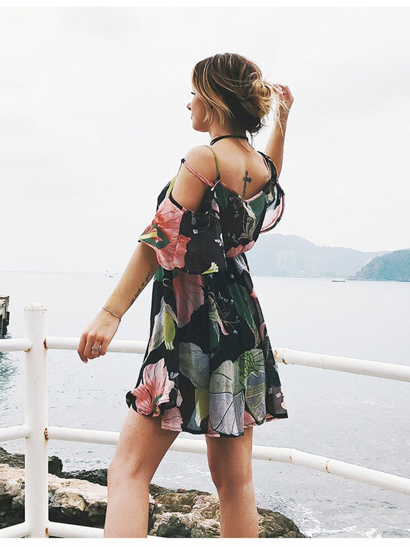 Lace Floral Printed Short Sleeve Mini Dress