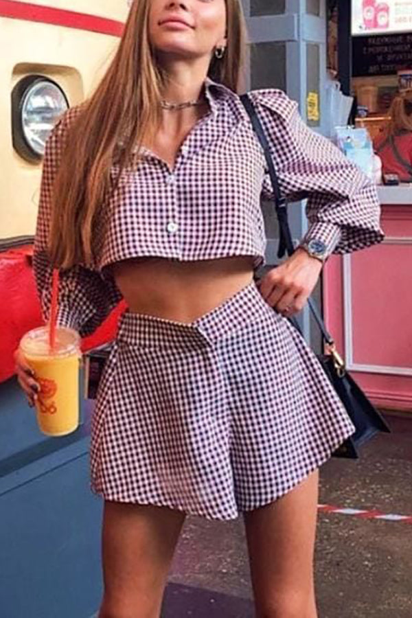 Plaid Button Crop Shirt Shorts Set