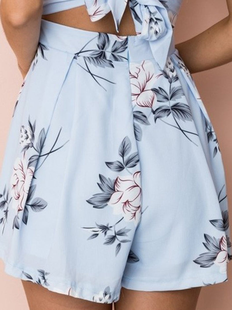 Floral Straps Backless Mini Jumpsuit