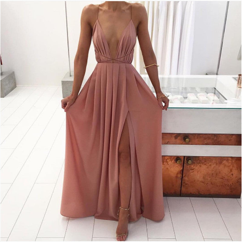 Deep V Neck Side Split Spaghetti Strap Maxi Dress