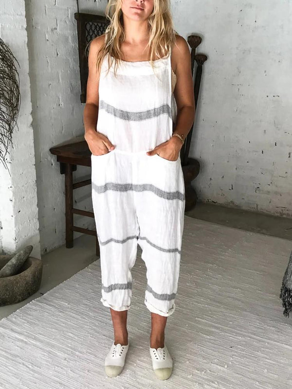 Striped Lace-up Pocket Loose Jumpsuit