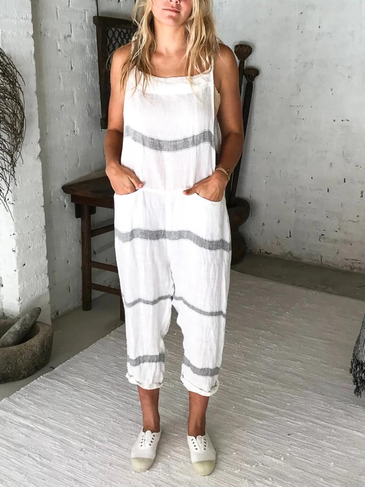 Striped Lace-up Pocket Loose Jumpsuit