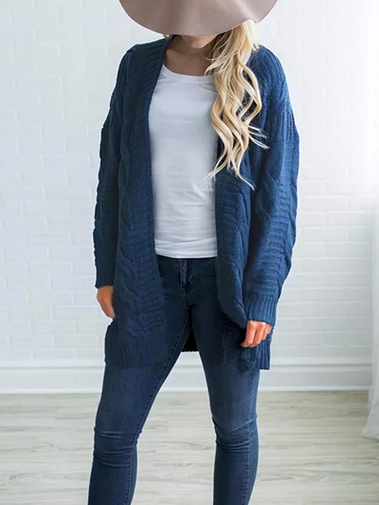 Solid Color Thick Knitting Long Cardigan