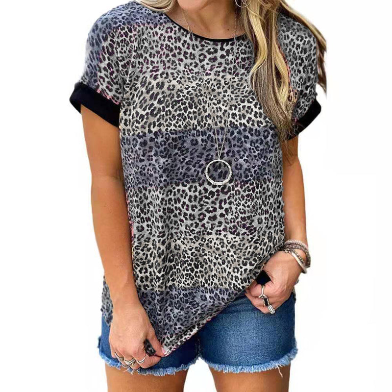 Round Neck Short Sleeves Leopard T-Shirt Tops