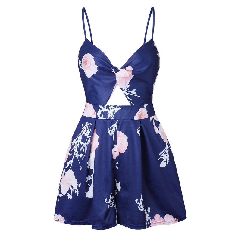 Floral Straps Backless Mini Jumpsuit